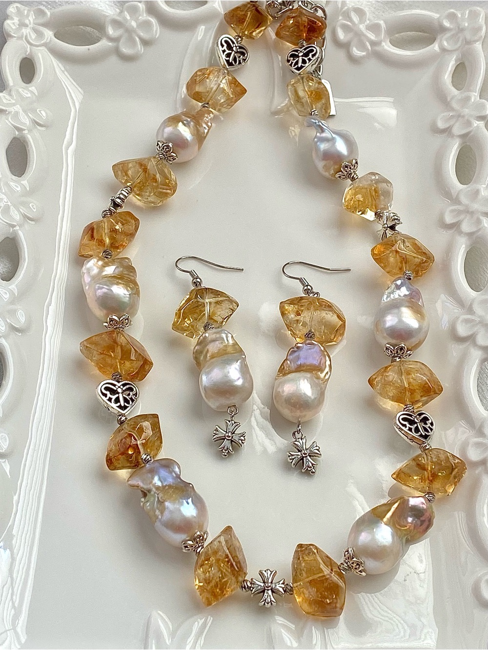 GP93-Handmade High Quality Rough Citrine And Natural Golden Flameball Pearl Set